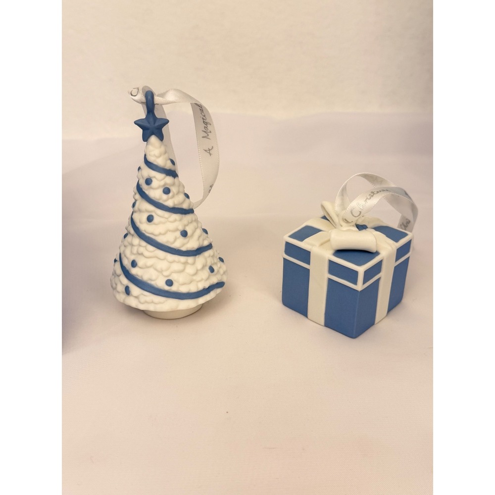 Wedgwood Jasperware Blue White Christmas Tree and Present Ornament Set of 2